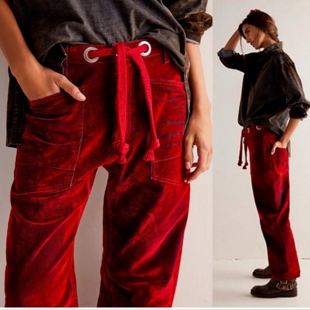 We The Free People Flocked Moxie Barrel Jeans Rio Red